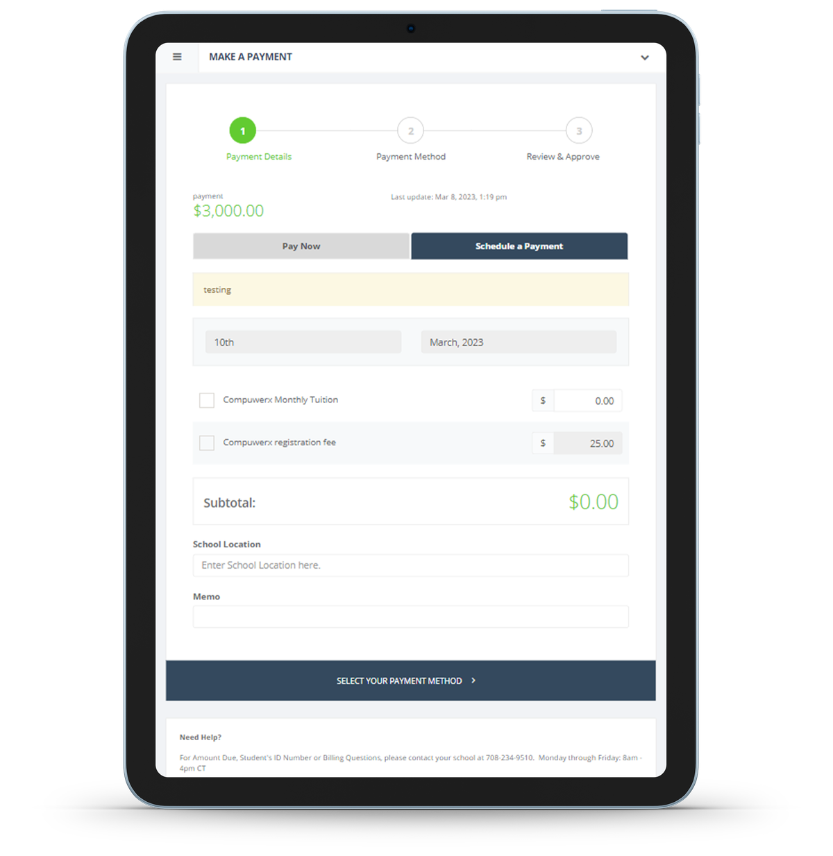 ePay by CompuWerx student payment portal on tablet